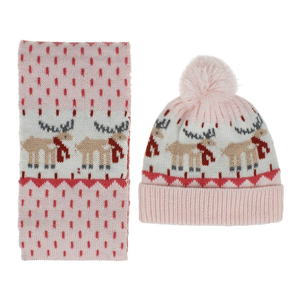 Europa amerika herfst winter baby kerstmis cartoon patroon warm jongens meisjes kindermuts en sjaal 2pc sets: Roze