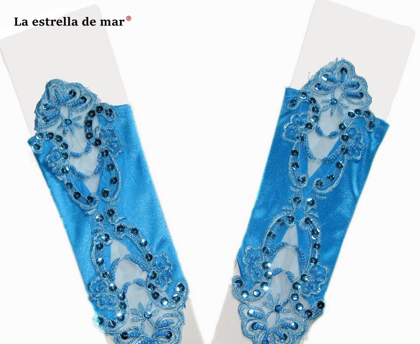Gants de mariage pour mariée perle multicolore satin sans doigts mariée gants de mariage coude spot applique mariage perlé: turquoise