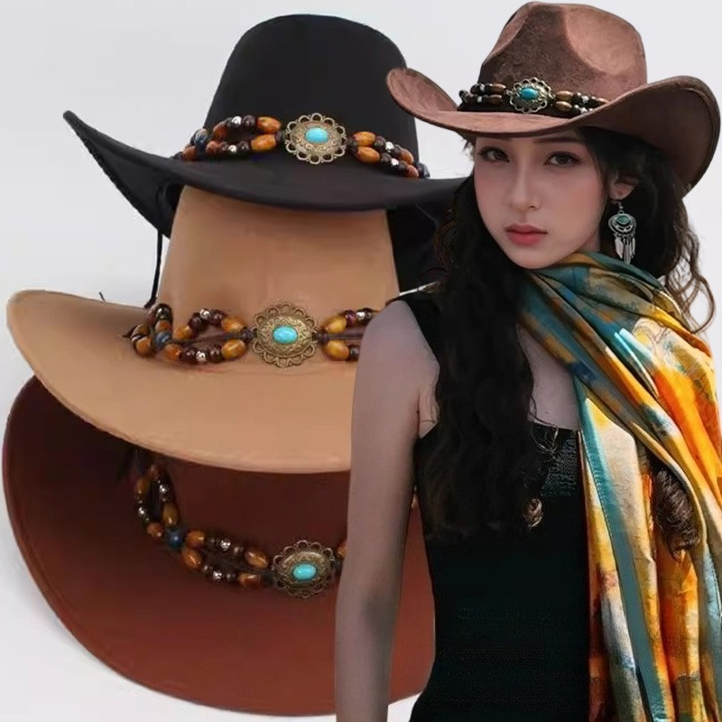 Vintage Tribal Western Cowboy Hat Ethnic Pattern Wide Brim Casual Sun Hat Retro Suede Big-edge Cowgirl Denim Hat for Travel