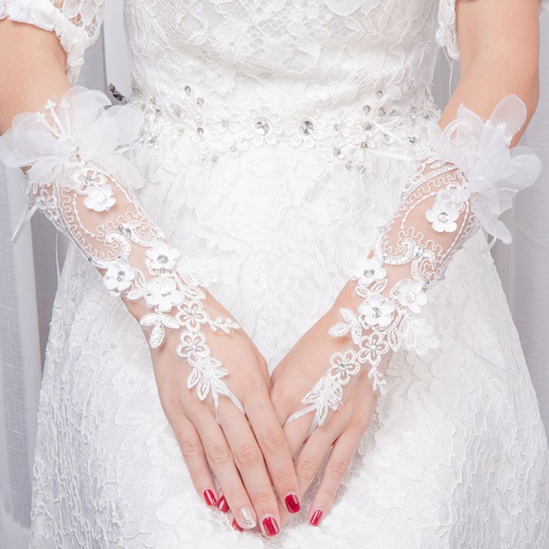 Gants de mariée en dentelle floquée, accessoires pour robe de mariée, crochet Simple, gant Long, charmant,