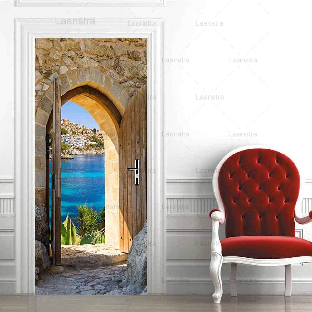 Retro Roman Home Decoration Door Stickers Landscape Bedroom Door Outside The Arches Room Self-Adhesive Waterproof Wall Poster: 77x200cm