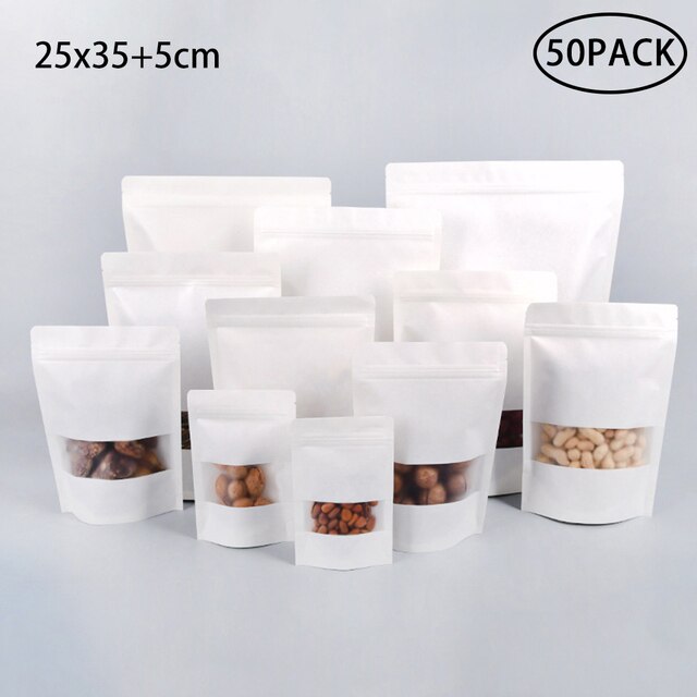 50pcs White Kraft Paper Bags Stand Up Zipper/zip Lock Candy Tea Dried Fruit Packaging Moisture-proof Open Window Pouch: L