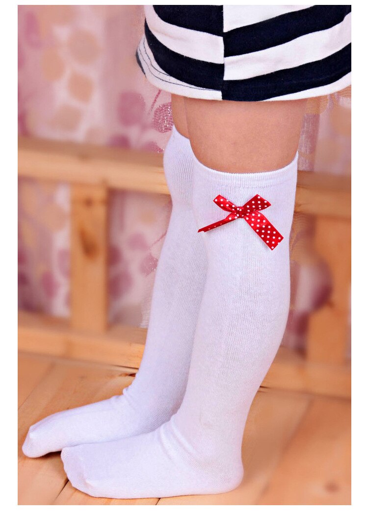 1 par meninas crianças criança arco joelho meias altas bebê menina primavera outono esporte meias branco vermelho listrado princesa meias para 1-8 anos: white