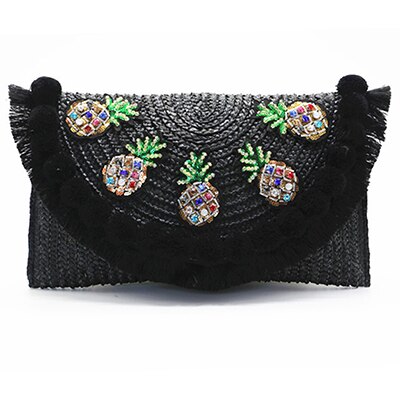 Alirattan Simmer Beach Bag Straw Day Clutch Messenger Bag Women Envelope Bag Lady Tassel Pineapple Summer Travel Bags C82: Black