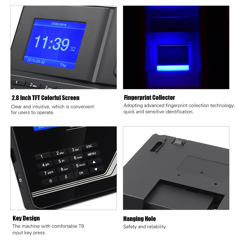 Biometric Fingerprint Password Attendance Machine Multi-language with 2.8 inch TFT Screen Employee Management Time Clock