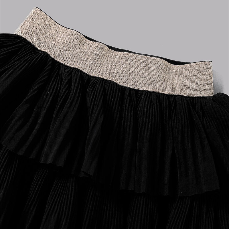 Meisjes Zwarte Gelaagde Rok Kids Effen Kleur Elastische Taille Geplooide Zoom Een Stuk Voor De Zomer/Lente/Herfst 18 Maanden-6 Jaar