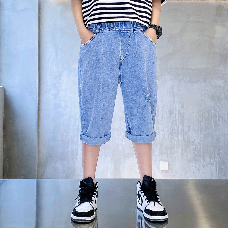 Los niños pantalones vaqueros de niño ropa estampado de letras Jeans azul clásico pantalones niños Denim Pantalones cortos de niño adolescente pantalón corto Casual Pantalones