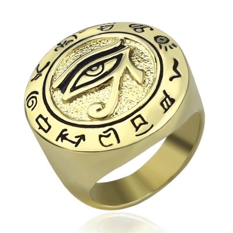 Classic Ancient Egypt Mythology Eye of Horus Rune Ring Personality Men&#39;s Amulet Jewelry: 7 / Gold