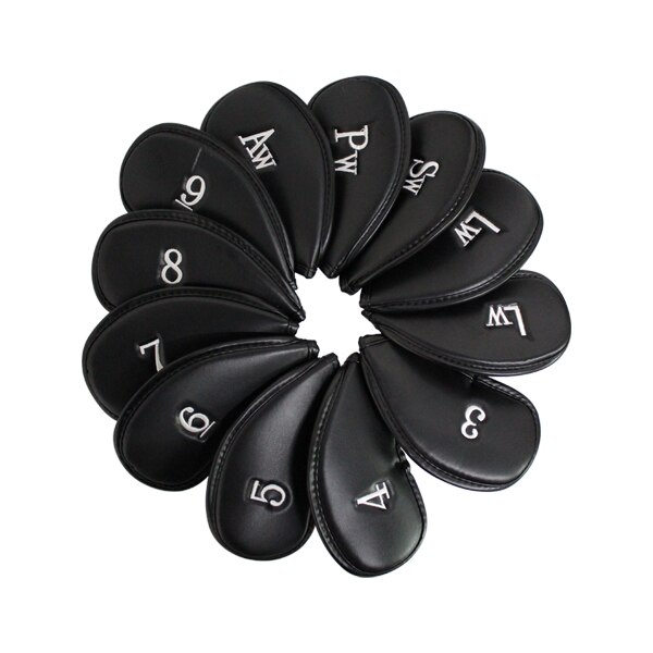 12pcs/set Black Artificial Leather Golf Club Head Cover Wedge Iron Putter Protective Headcovers