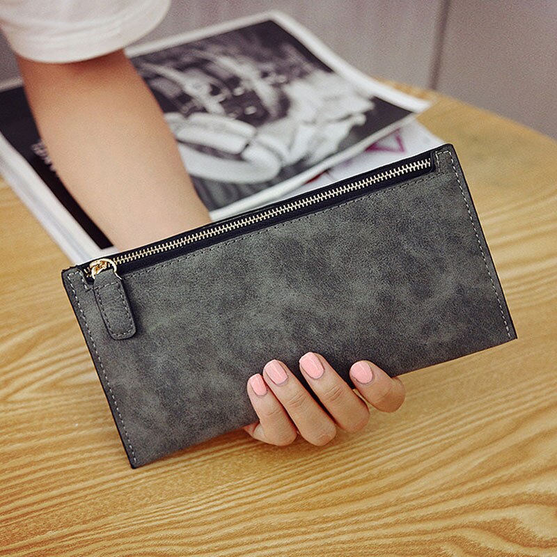 Women Purse Wallet Vintage Card Phone Storage Bag Long PU Leather Wallets Zipper Handbag SWD889: Dark Grey