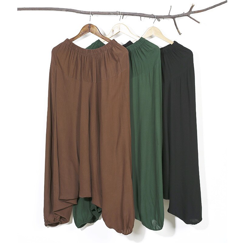 Kung Fu orientalne spodnie Hakama tradycyjna chińska odzież dla mężczyzn Wushu lniane szerokie nogawki luźne spodnie męskie skrzydła Chun kostiumy