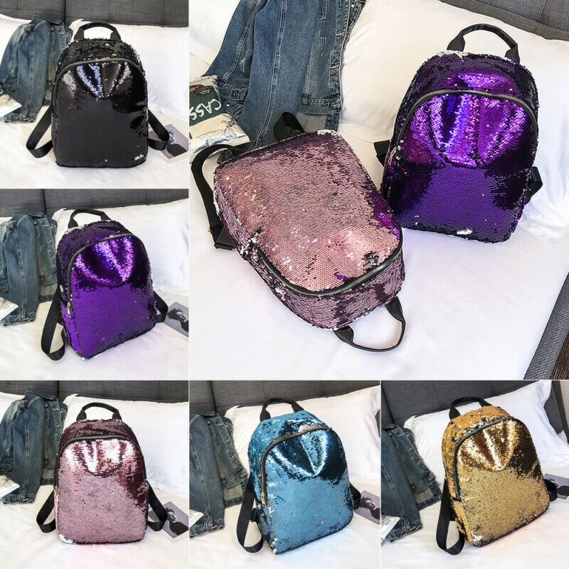 Feminino senhora lantejoulas mochila meninas escola mochila bolsa de ombro de viagem