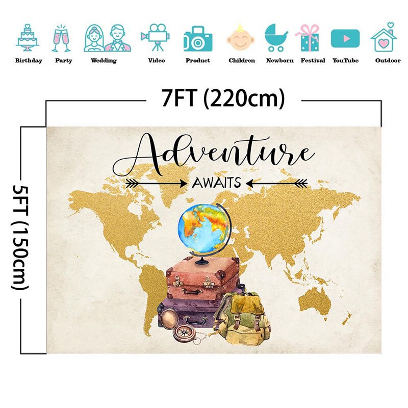 Neoback Wereldkaart Reizen Foto Achtergrond Globe Avontuur Kind Baby Verjaardagsfeestje Fotografie Achtergrond