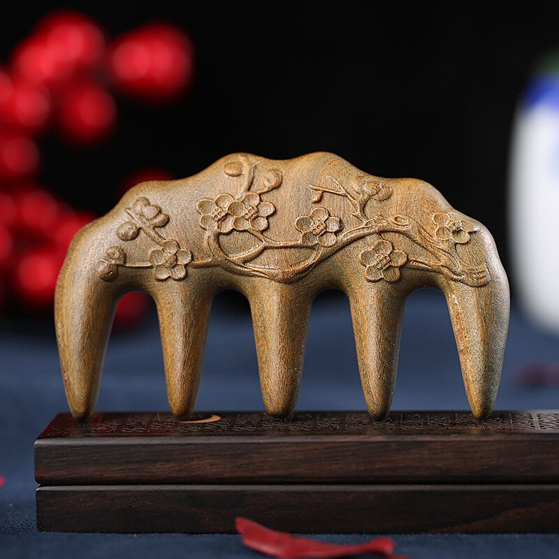 Green Sandalwood Massage Comb Carved Lotus Head Meridian Scraping Wide Tooth Comb Blood Circulation Acupoint Gua Sha Health Care: Plum