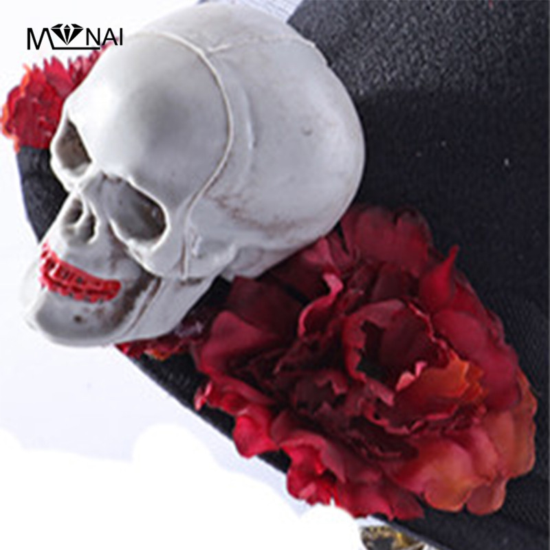 Vrouwen Hoed Mini Steampunk Top Hat Met Bloemen Zwarte Hoed Haar Clips Met Skeleton Hand Fedora Accessoires Voor Haar