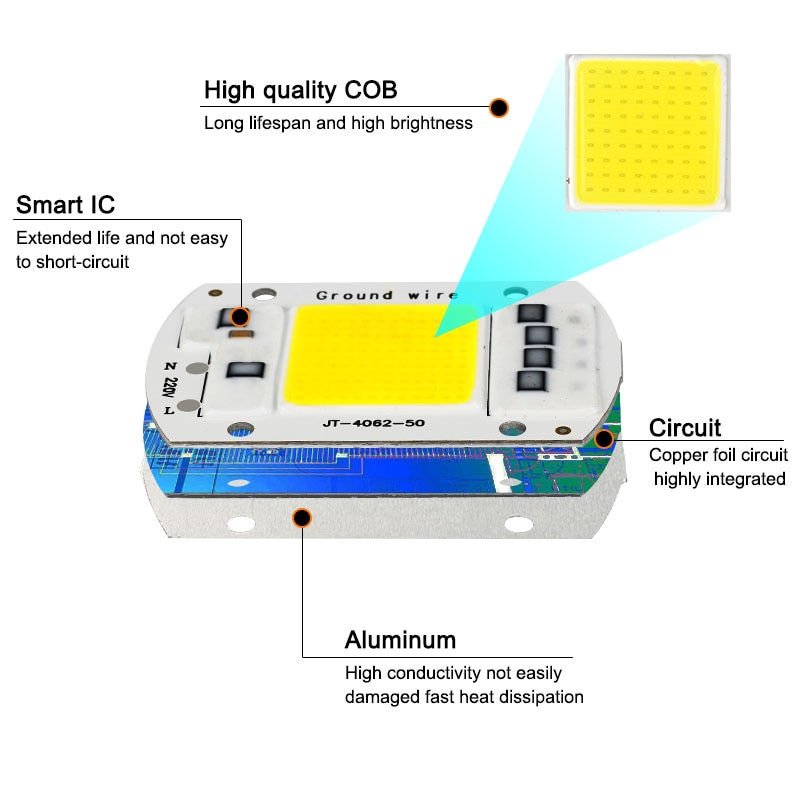10 stk cob led lampe chip 10w 20w 30w 50w led cob pære lampe 220v ip65 smart ic driver kold/varm hvid led spotlight projektør