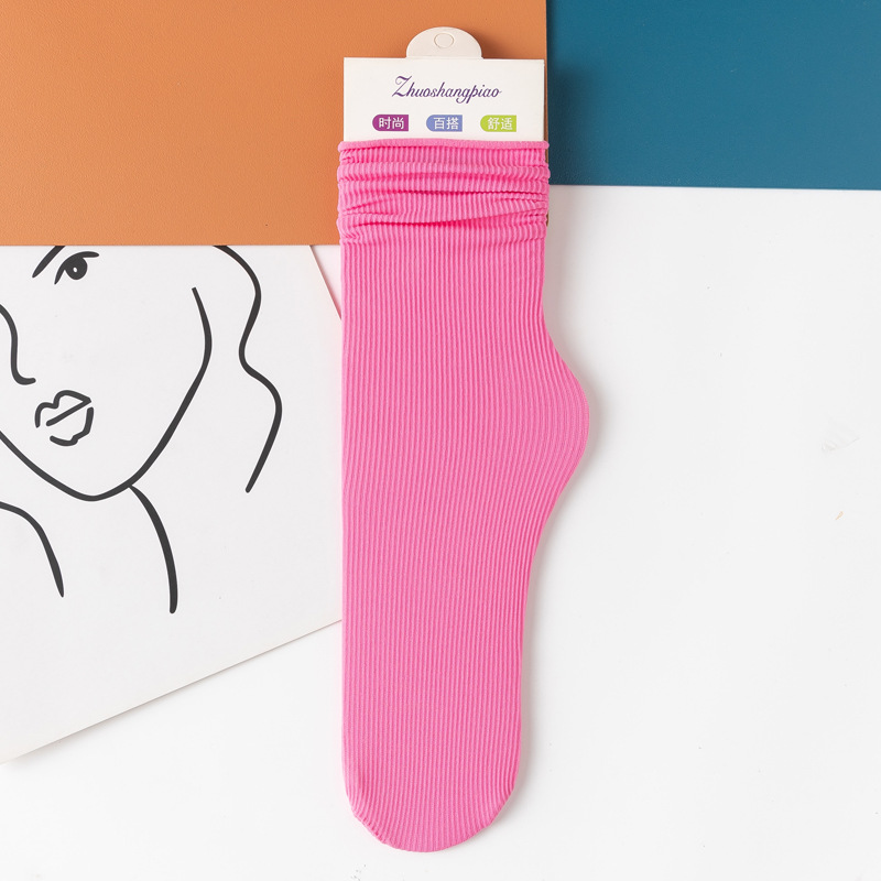 Multicolor Solid Color Ice Silk Velvet Mid Tube Socks Women Summer Soft Thin Rolled Edge Crew Socks Japanese Casual Long Socks