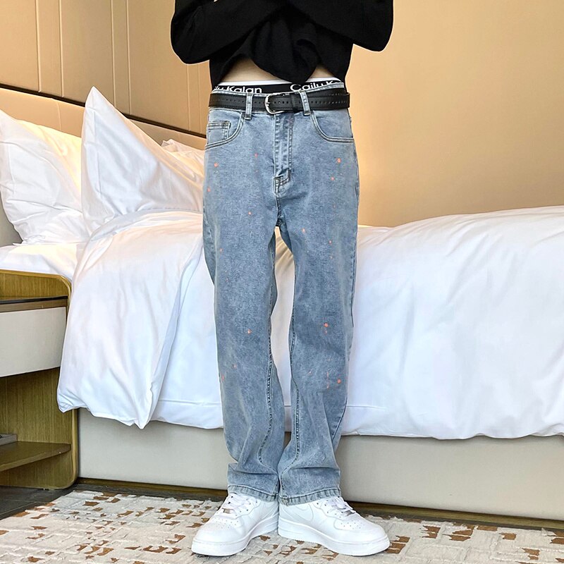 Splash Ink Blue/Black Jeans Men Stretch Casual Baggy Jeans Men Streetwear Loose Hip Hop Straight Denim Pants Mens M-3XL: Blue / XL