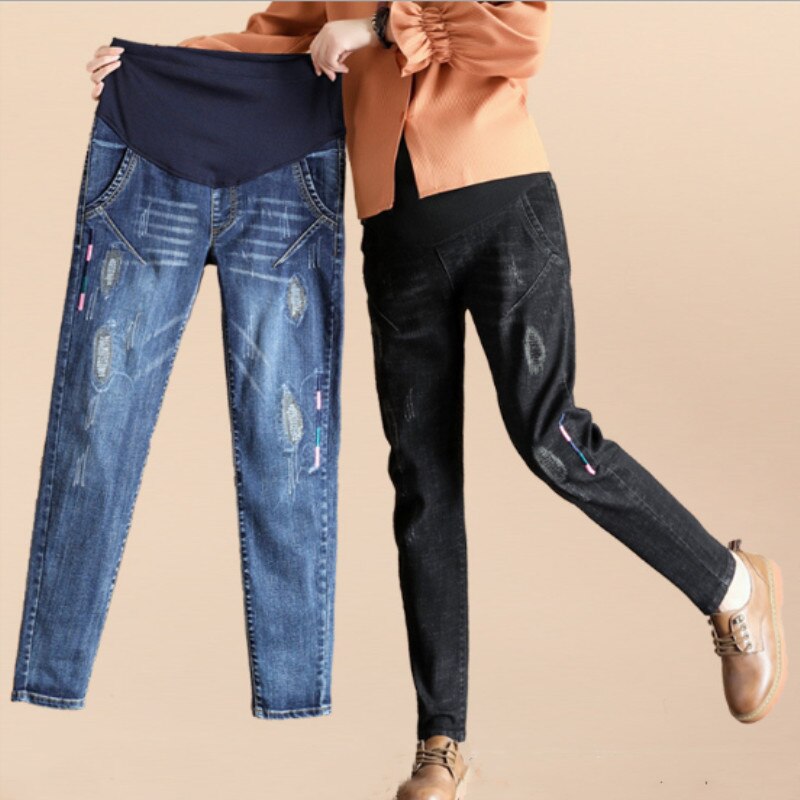 Lente Zwangere Kleding Mode Gat Jeans Zwangerschap Casual Broek Grote Omvang Moederschap Maag Lift Broek