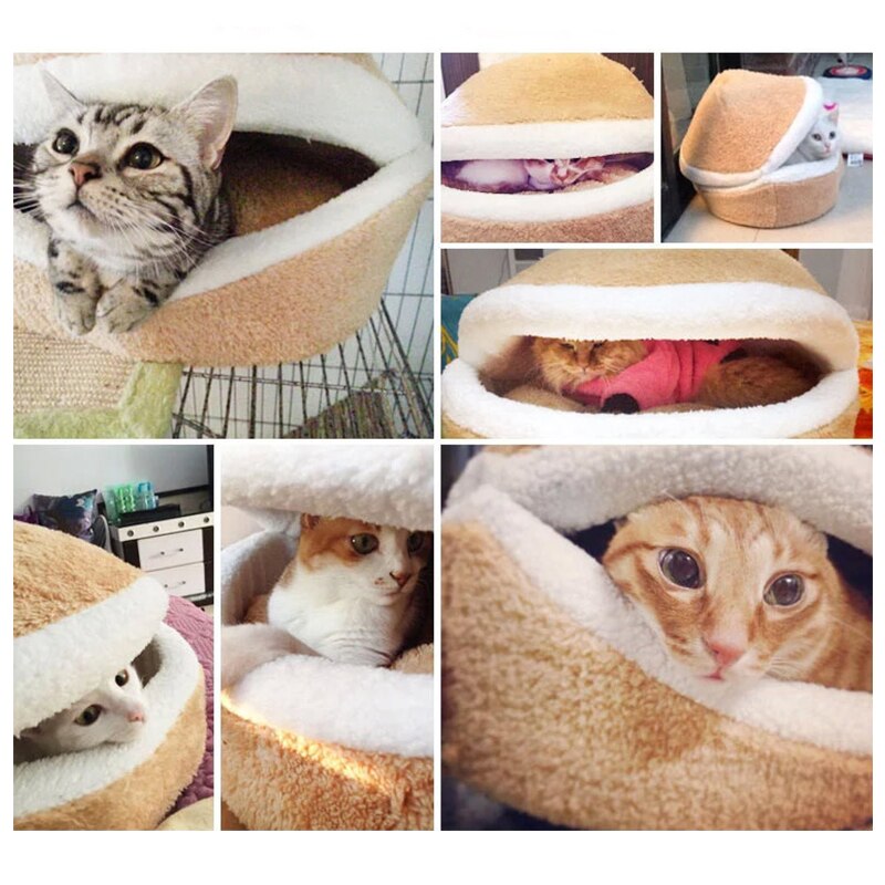 Lit Hamburger en coton pour chat, doux, coupe-vent, amovible, pour animal domestique, sac de couchage, grotte à câlin, petit chien