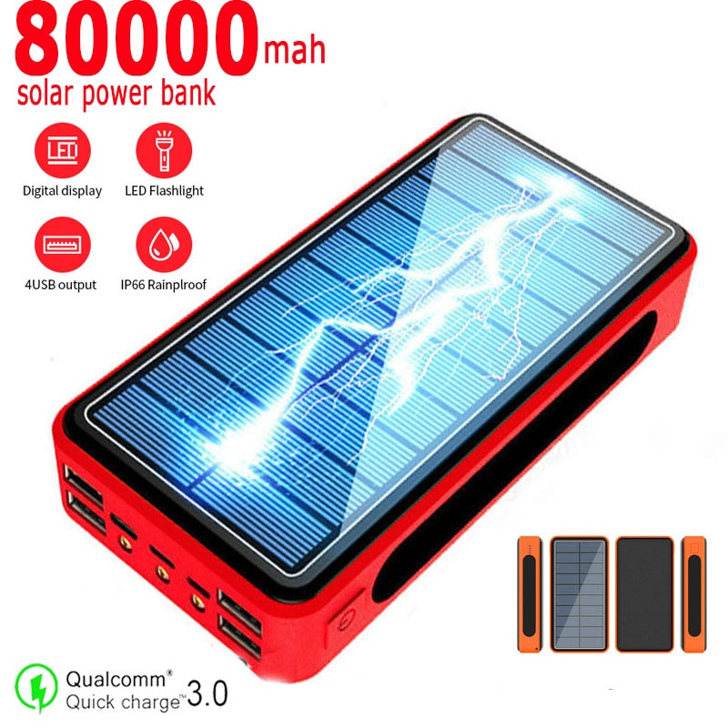 80000mAh Solar Power Bank Portable Charger 80000mAh External Battery Power Bank 4USB Output Port for Samsung Xiaomi IPhone