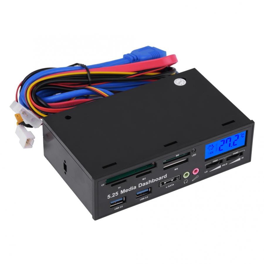 5.25in Multifuntion Media Dashboard Front Panel 2 USB 3.0 Hub Card Reader with LCD Display Suitable for Desktop Computer