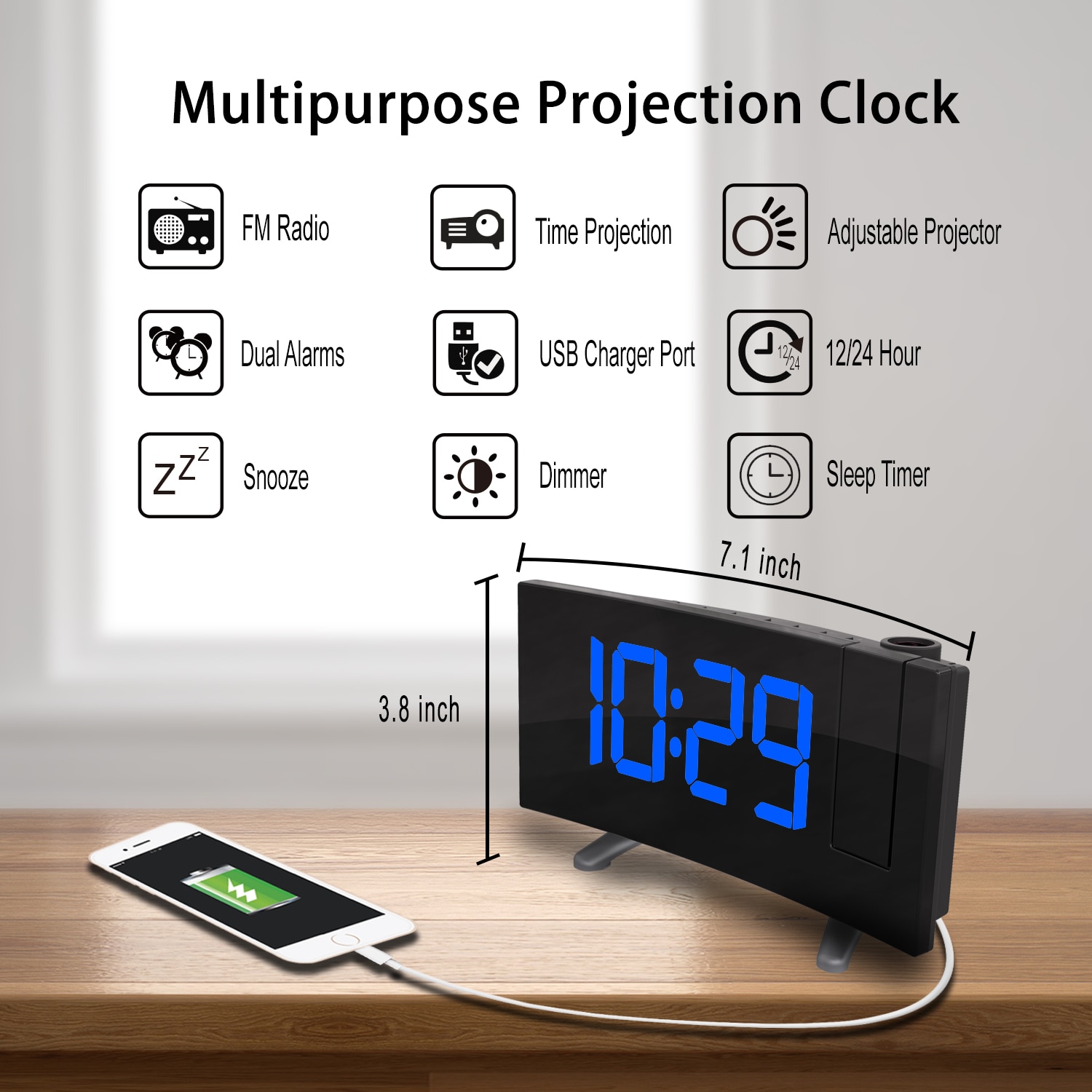 Digital projektor radio väckarklocka snooze timer led display bred böjd skärm usb laddning 180 grader bord vägg fm radio klocka