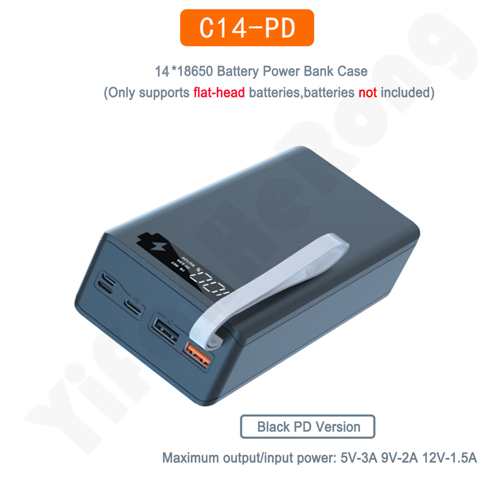 C14 18650 Batterij Houder Opladen Doos Pd Snelle Qi Draadloze Oplader Usb Type C Diy Power Bank Case 14*18650 Batterij Opbergdoos: PD Black