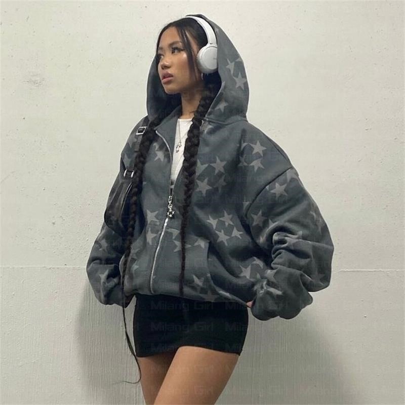 Sweat à capuche zippé à manches longues pour hommes et femmes, veste surdimensionnée, pull Emo, streetwear Y2K, vintage, graphique star, fée grunge