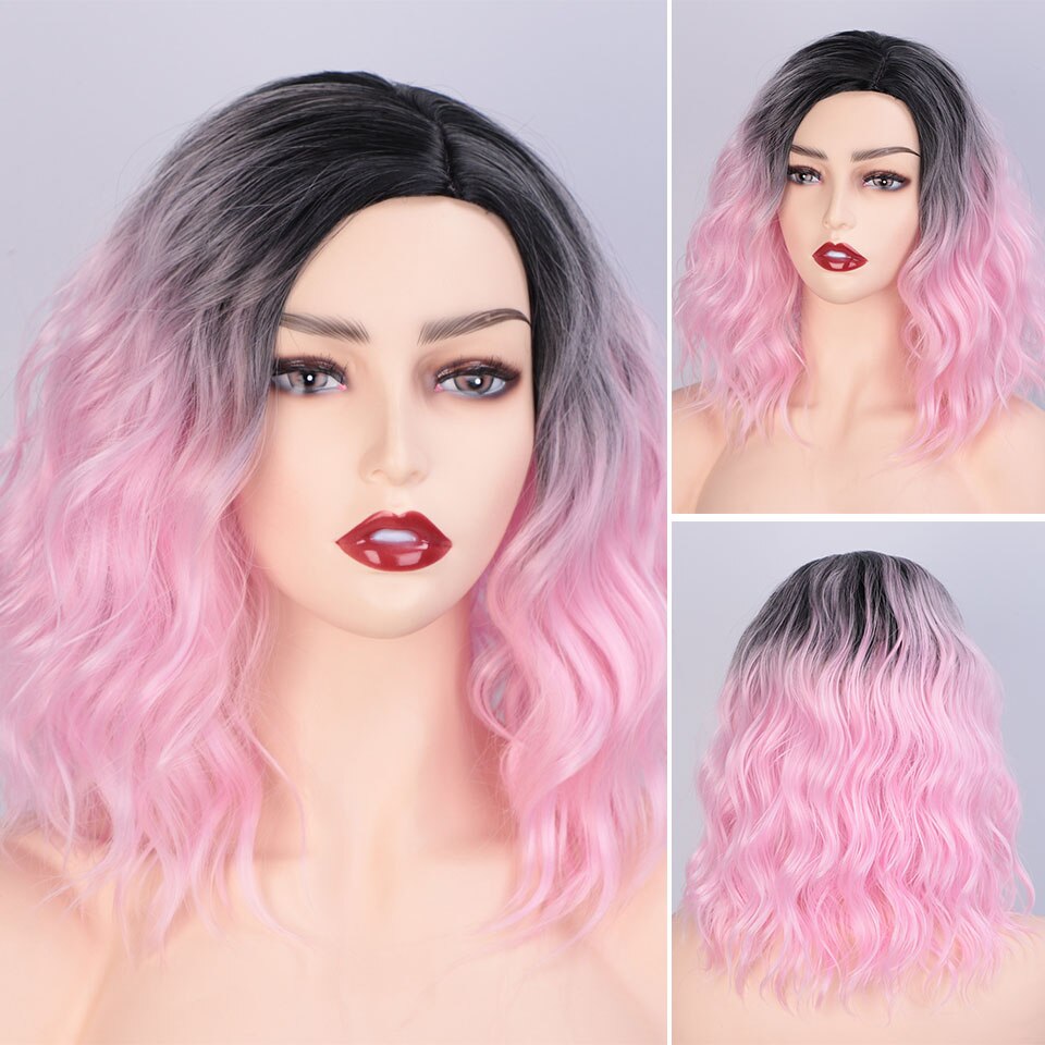AISI QUEENS Water Wave Short Synthetic Wigs for Women Ombre Black and Purple Cosplay Bob Wig Blue Red Grey Pink Wig: fense