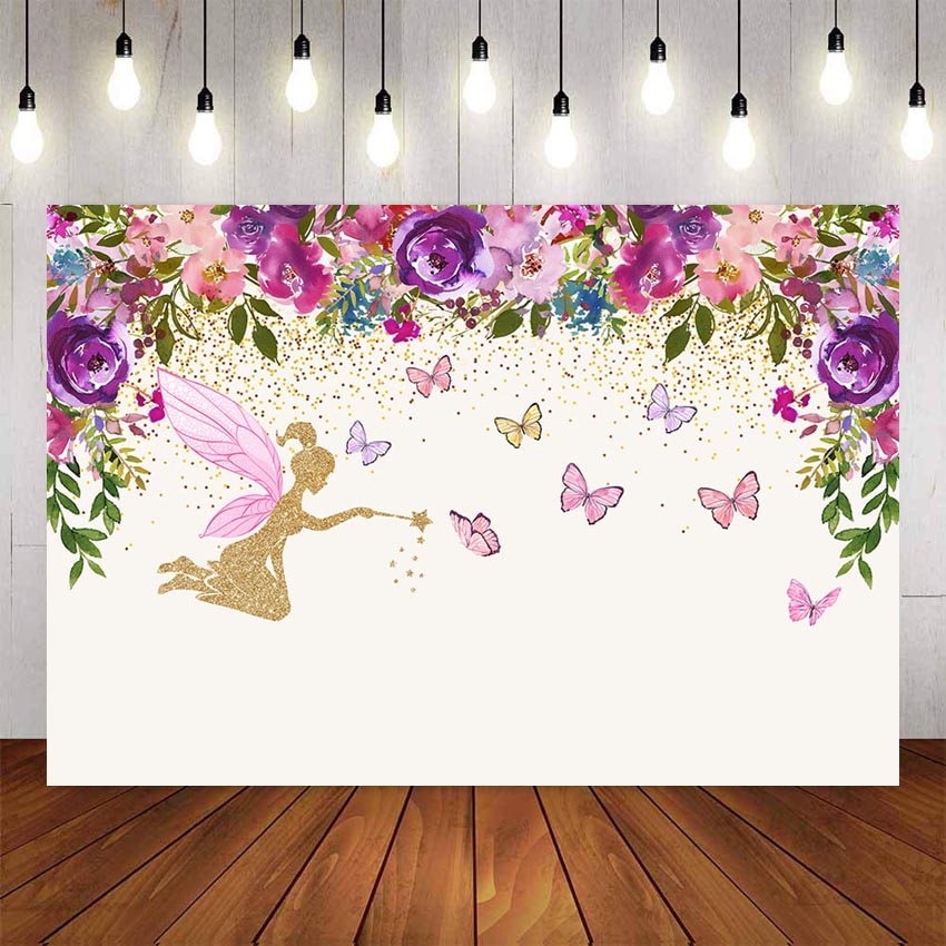 Fotografie Achtergrond Roze Paarse Bloemen Custom Fairy Vlinder Meisjes Verjaardagsfeestje Achtergronden Banner Photo Studio Foto Prop
