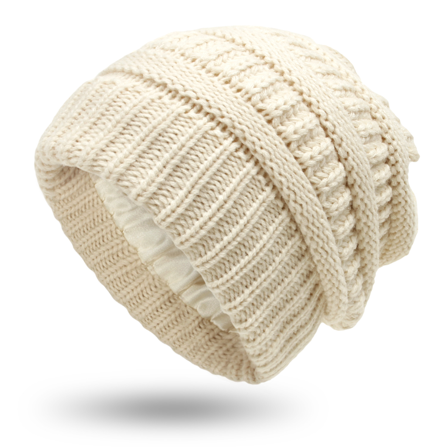 Gorro de punto cálido para mujer, gorro de punto con forro de seda satinada, gorro grueso y holgado con calavera, 9 colores, de invierno, 2022