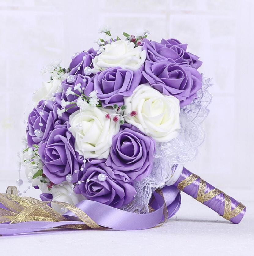 Bourgondië Wedding Boeket Roze/Rood/Wit/Bourgondië Bridal Bruidsmeisje Bloem Kunstmatige Bloem Roos Boeket Bruid AA130: purple plus white