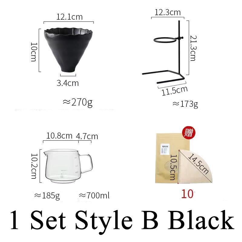 Juego de filtros de café hechos a mano con cafetera de vidrio V60, ollas de café hechas a mano, tetera de café, soporte para gotero: Black Style B Set