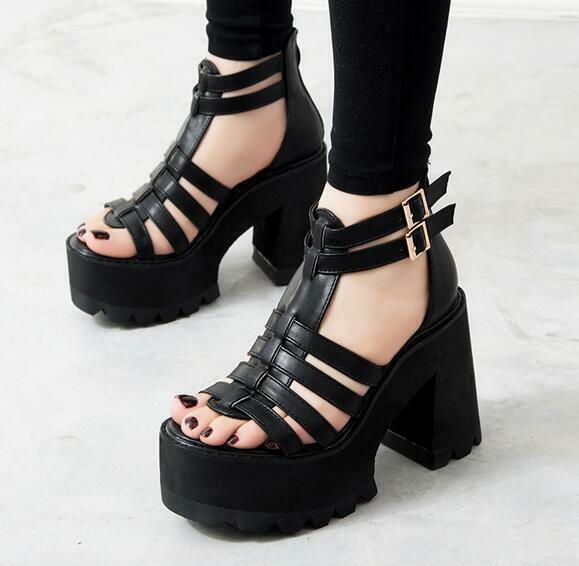 Sandalias de gladiador Punk para mujer, zapatos de tacón grueso con plataforma y Correa, hebilla de Punta abierta