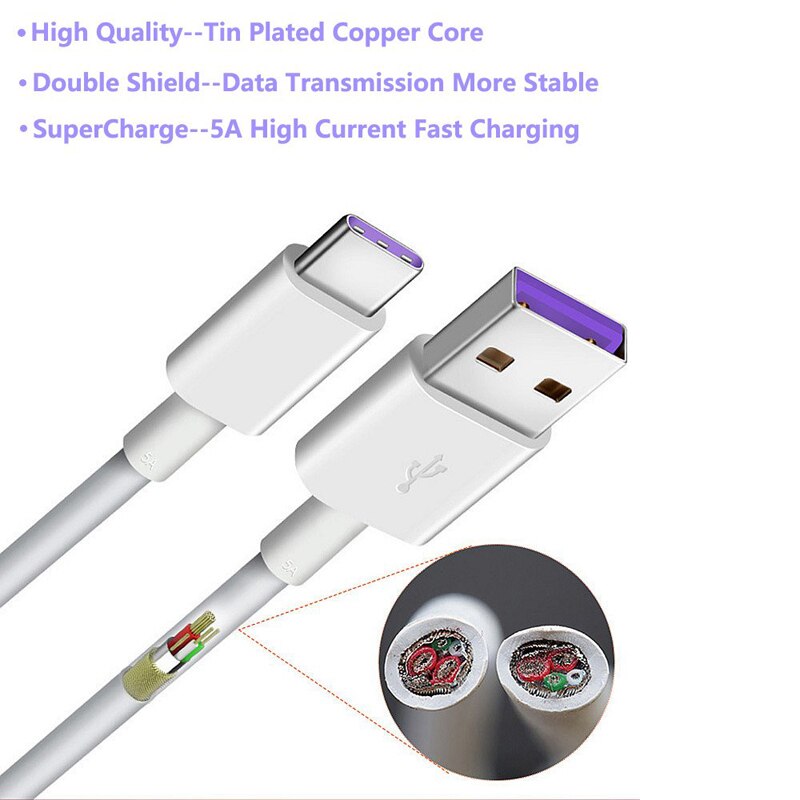 USB 5A Type C Cable For Huawei P30 P20 Pro lite Mate20 10 Pro P10 Plus USB 3.1 Type-C Original Supercharge Super Charger Cable