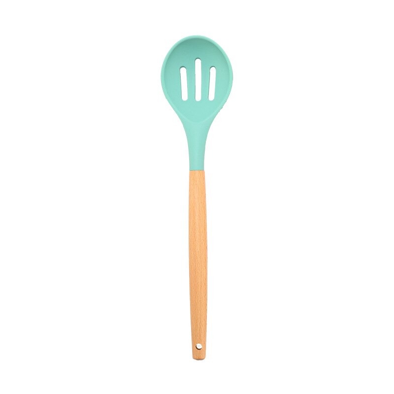 Non-Stick Silicone Spoon With Wooden Handle Slotted Serving Spoon Heat-Resistant Cooking Utensil Soup Spoons For Kitchen Baking: Lake Green
