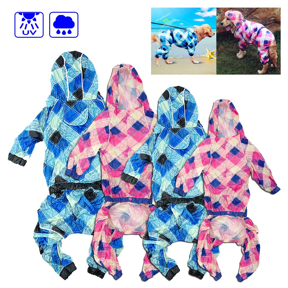 Capa de chuva para cachorro xadrez, roupa à prova de sol para animais de estimação, jaqueta de chuva, macacão com coleira e furo para animais de estimação de médio e grande porte