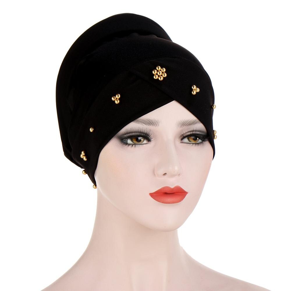 Turbante con cuentas, Turbante elástico musulmán para mujer, gorro interior hiyab cruzado para la frente, gorro árabe para envolver la cabeza, gorros para Hijab: 2