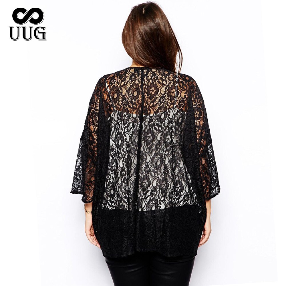 UUG Plus Size Women Lace Cardigan 4xl 5xl Women Large Sizes Black Coat Lace Long Shrug Lady Clothing XXXL Lady Big Clothes Lace