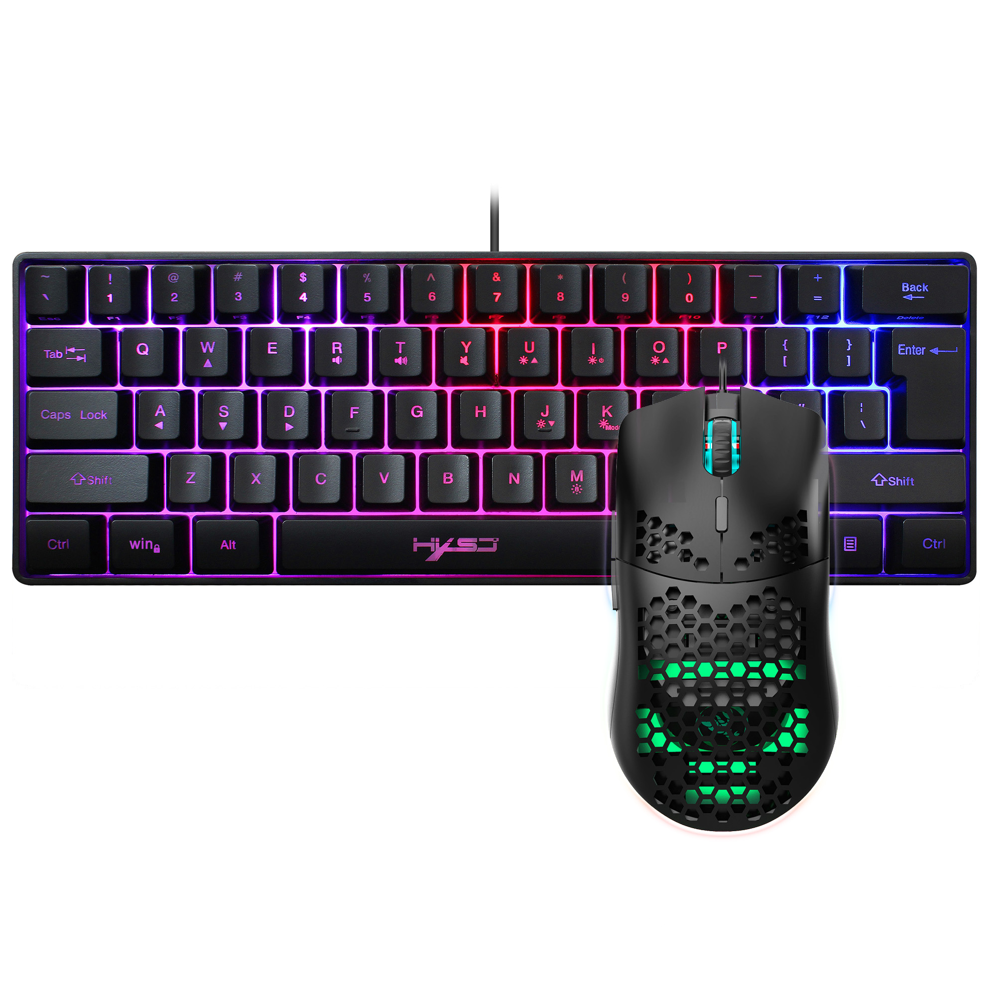 HXSJ 61-Tasten V700 RGB leuchtende mechanische Tastatur- und Mauskombinationen Gaming-Set für Computerspiele: Black
