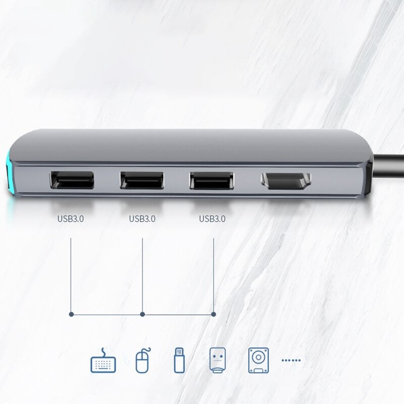 6 in 1 Multi-Funzione HD attracco stazione Tipo-C a HDMI Usb3.1centro con PD di Ricarica Lampada di Respirazione