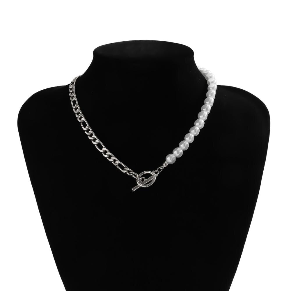Shixin asymmetri perleperle med chunky kæde halskæde kort choker colar spænde vedhæng halskæde til kvinder hals smykker: Sølvfarvet