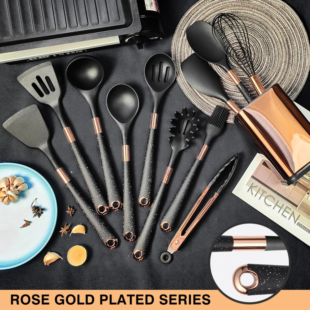 Silicone Cooking Utensils Set Heat Resistant Kitchen Spatula Spoon Non-Stick Tools With Rose Gold-Plated Handle And Holder