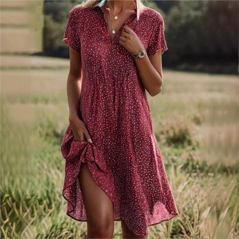 Women Summer Midi Dress Casual Loose Collar Short Sleeve Printed Polka Dot Shirt Dress Women's Clothing