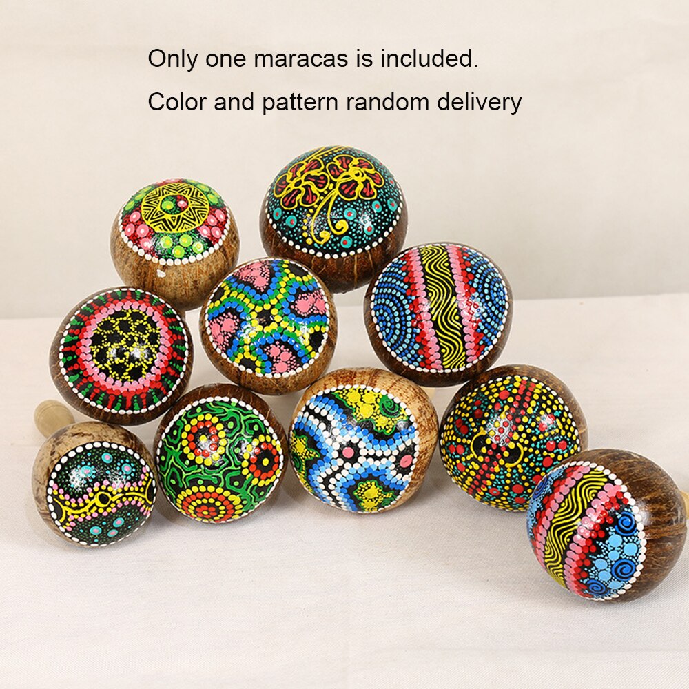 Maracas de madera de cáscara de coco maraca de arena agitador con patrones bonitos percusión instrumento Musical juguetes al azar)