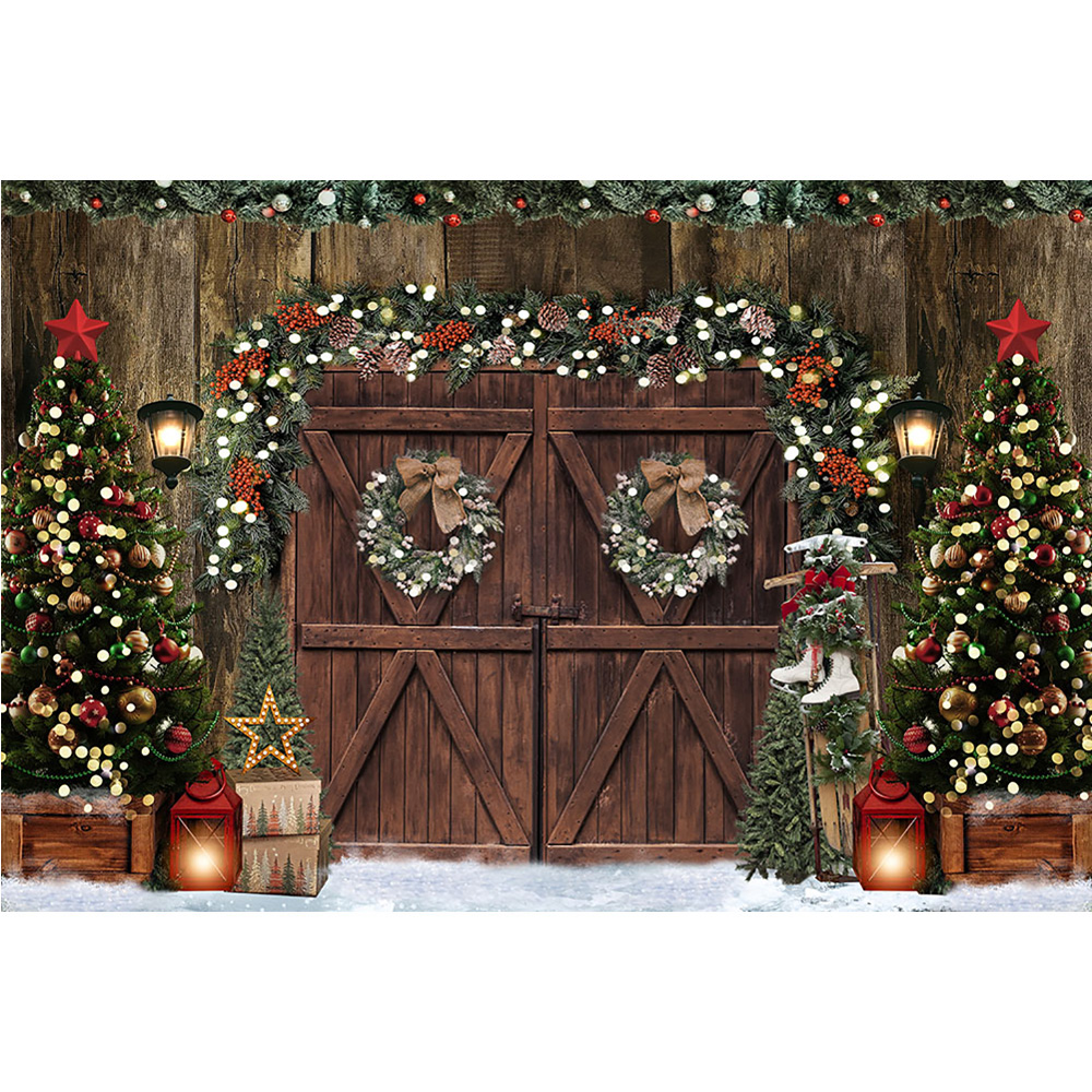 Winter Christmas Rustic Barn Wood Door Photo Backdrop Xmas Tree Snow Birthday Portrait Background Wreath Party Decor