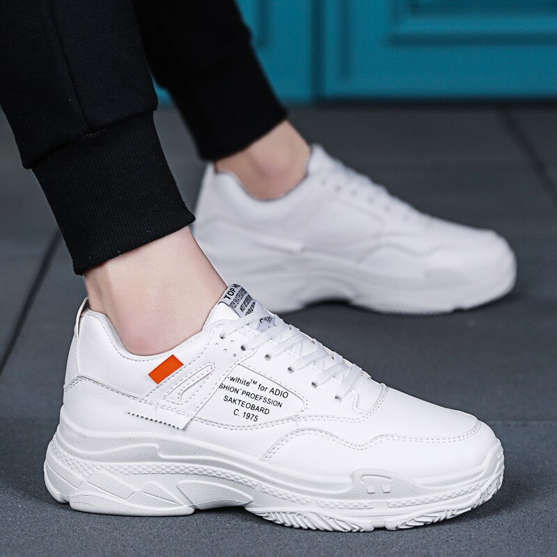 Dikke Zool Lederen Sneakers Mannen Zwart Beige Wit Sneakers Street Heren Schoenen Lederen Schoenen Man Casual Schoenen: WHITE / 7.5