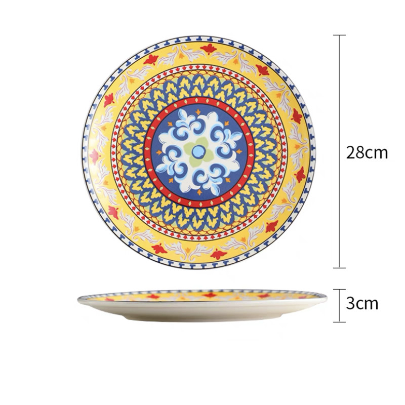 European Style Ceramic Bohemian Dinner Plate Hand Painted Dessert Fruit Plates Household Shallow Steak Dish Tableware: 11 inch F