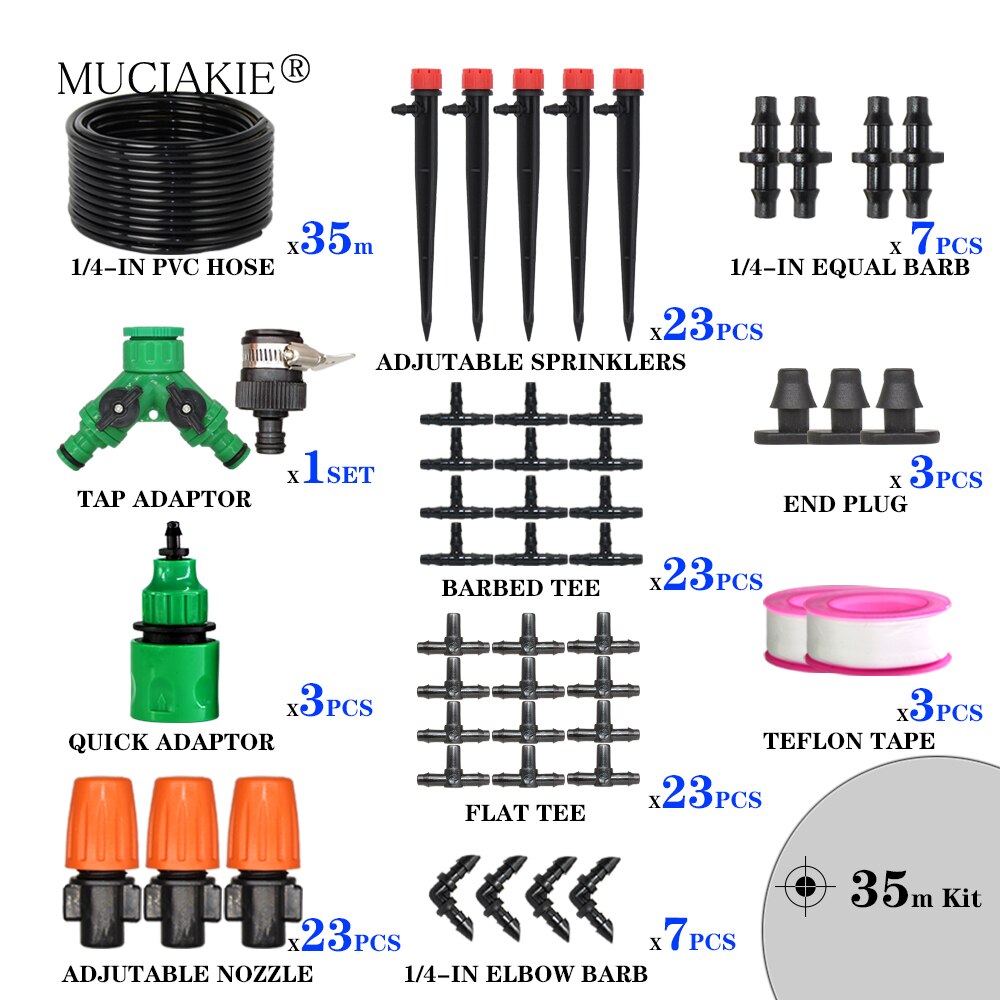 Muciakie garden 1/4 &quot; slange drypvanding automatisk vanding kit tåge spray kølesystem med justerbar drypper controller: 35m 4 l 7 sæt